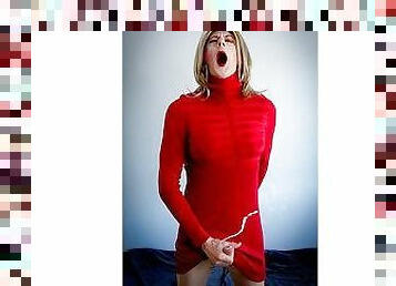 Amazing cum shot featuring Alexandra Braces in a red dress, pantyhose and Converse