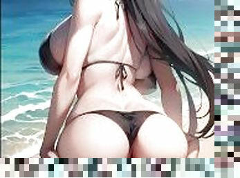 tetas-grandes, negra, playa, anime, fantasía, hentai, tetas, a-solas, bikini, posando