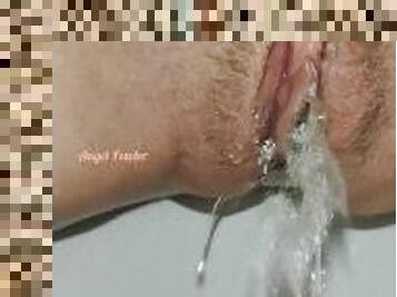 Long Massive Pissing very close up with the cute golden pee drops on my hairy pussy