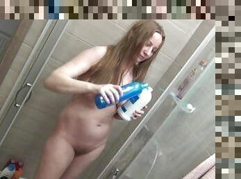 bañando, peluda, coño-pussy, rubia, natural, ducha