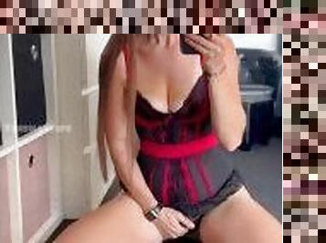 MILF Trisha masturbates in her hot red & black lingerie