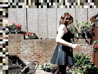 Alison masturbating in the garden again - sexy crossdresser