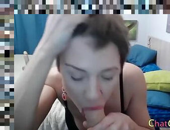 Stocking big tits girl huge dildo deepthroat and blowjob on cam