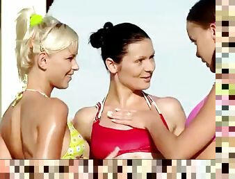 Threesome lesbian by the pool