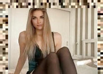 collants, amateur, ados, black, bas, blonde, solo, en-nylon, jambes