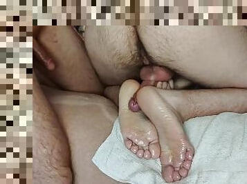 L gives himself a footjob and makes me cum with his cummed feet