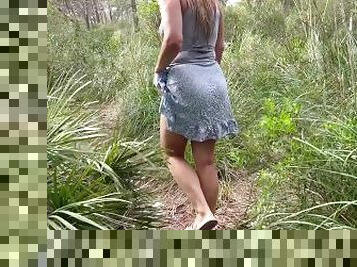 girl couldn't wait to stop to pee and peeing on a hiking trail in public