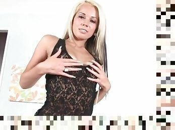 Black lace looks hot on blonde teen girl