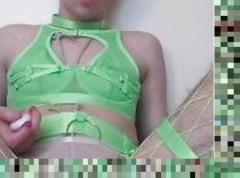 Femboy in lime green lingerie fucked by cute pink toy