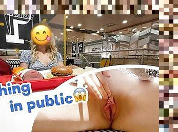 Naughty blonde masturbates big pumped pussy and plays dildo in public restaurant