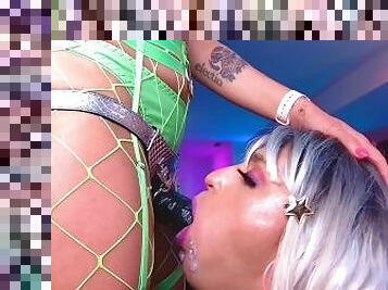 Goddess fucks sissy cuck femboys throat deep! Sloppy blowjob gagging spit fest, nasty whore used!