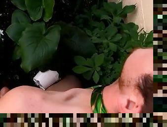 Jock on necktie Wyatt Blaze masturbates and jizzes outdoors