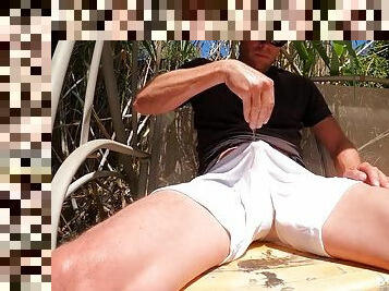 Throbbing cock peeing in white soccer shorts