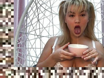 Blonde amateur slut Ahegao drools in a cup