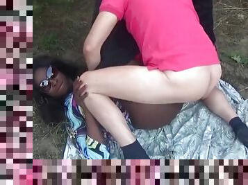 Threesome in the woods with a black slut