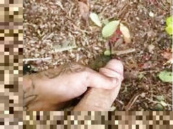 Big soft cock pissing in woods in work uniform and boots