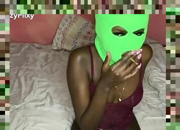 Masked petite babe, sexy lingerie, weed smoking, and backshots