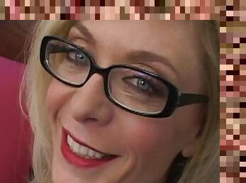 The stunning blonde older gal Nina Hartley wears naughty lingerie for her cock sucking audition