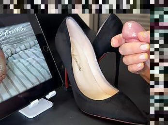 Goddess slyfeetwife wanks into a high heel while making him watch her videos