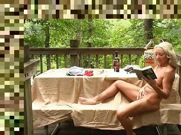 Picnic in the public park. Novel, drinking wine, and eating grapes leads to full nude masturbation.