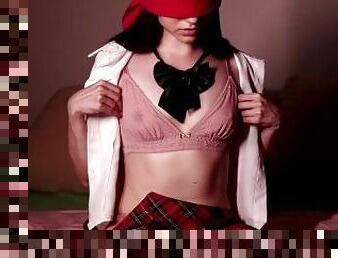 Schoolgirl was blindfolded and she began to undress