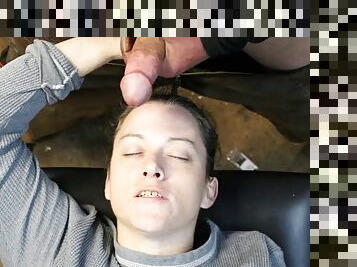 Homemade amateur facial when a stranger breaks in and makes her play along so he can drain his balls