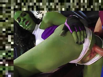 Bitch plays Hulk while trying endless inches in her succulent pussy