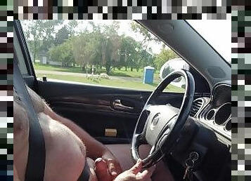 Driving naked, masturbating, almost caught, cumshot