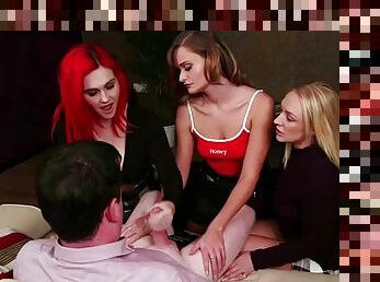 CFNM British femdom girls jerk off cock in group handjob