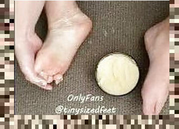 TinySizedFeet Rubbing Mango Body Butter all over my tiny feet, US Size 4, U.K Size 1,5, EU 34