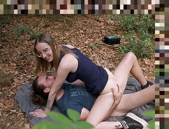 Nerdy amateur fucked into the woods and left soaked in sperm