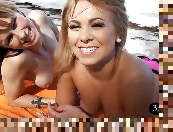 Two Sexy Blonde Babes Get Banged Hard By The Seashore