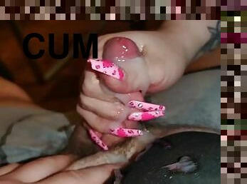 His cum flows over my pink Long Nails he Impressed the Handjob Queen *unbelievable Amount of Cum*