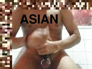 asiatique, énorme, masturbation, ejaculation-sur-le-corps, solo, bite