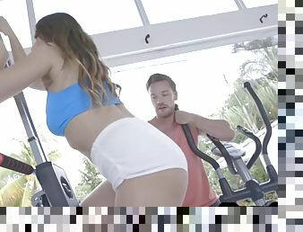 Deepthroat gym girl in stockings sucks and rides cock