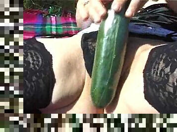 Babe in the country using veggies in pussy