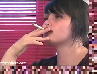 Pretty BBW teen brunette having a smoke at dineing table