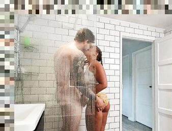 Erotic hardcore fantasy at the showers for the busty wife