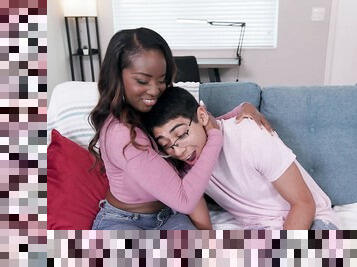 Dashing young ebony babe shoves nerdy guy's cock in both holes