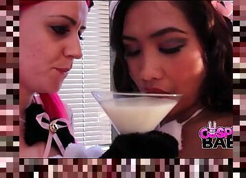 Kitty cat costume girls drink milk and lick tits